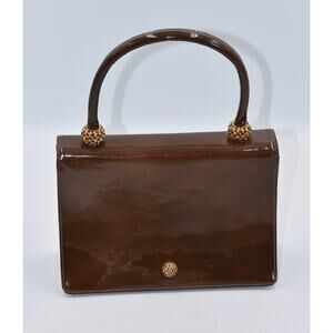 Vintage bag by Dorian Marbled Brown Patent Leather Embellished Pill Box Handbag